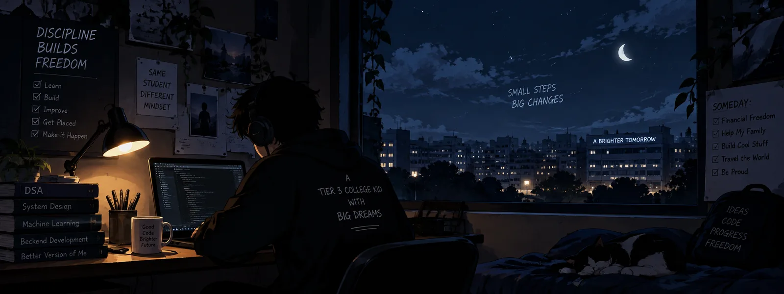 Illustration of a student coding at a desk by a window at night, with a lamp, a stack of books, a sleeping cat and a city skyline under a crescent moon.